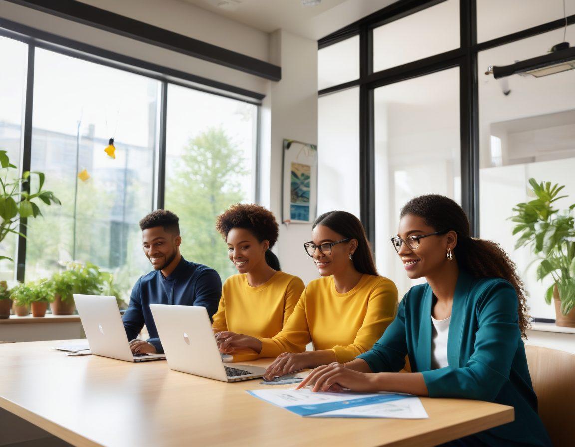 A dynamic scene featuring a diverse group of professionals engaged in online learning, surrounded by digital icons representing various certifications and skills. Include a bright laptop displaying a certificate on screen, with inspiring nature visuals through the window. Emphasize growth and motivation through vibrant colors and uplifting ambiance. super-realistic. vibrant colors. modern digital style.