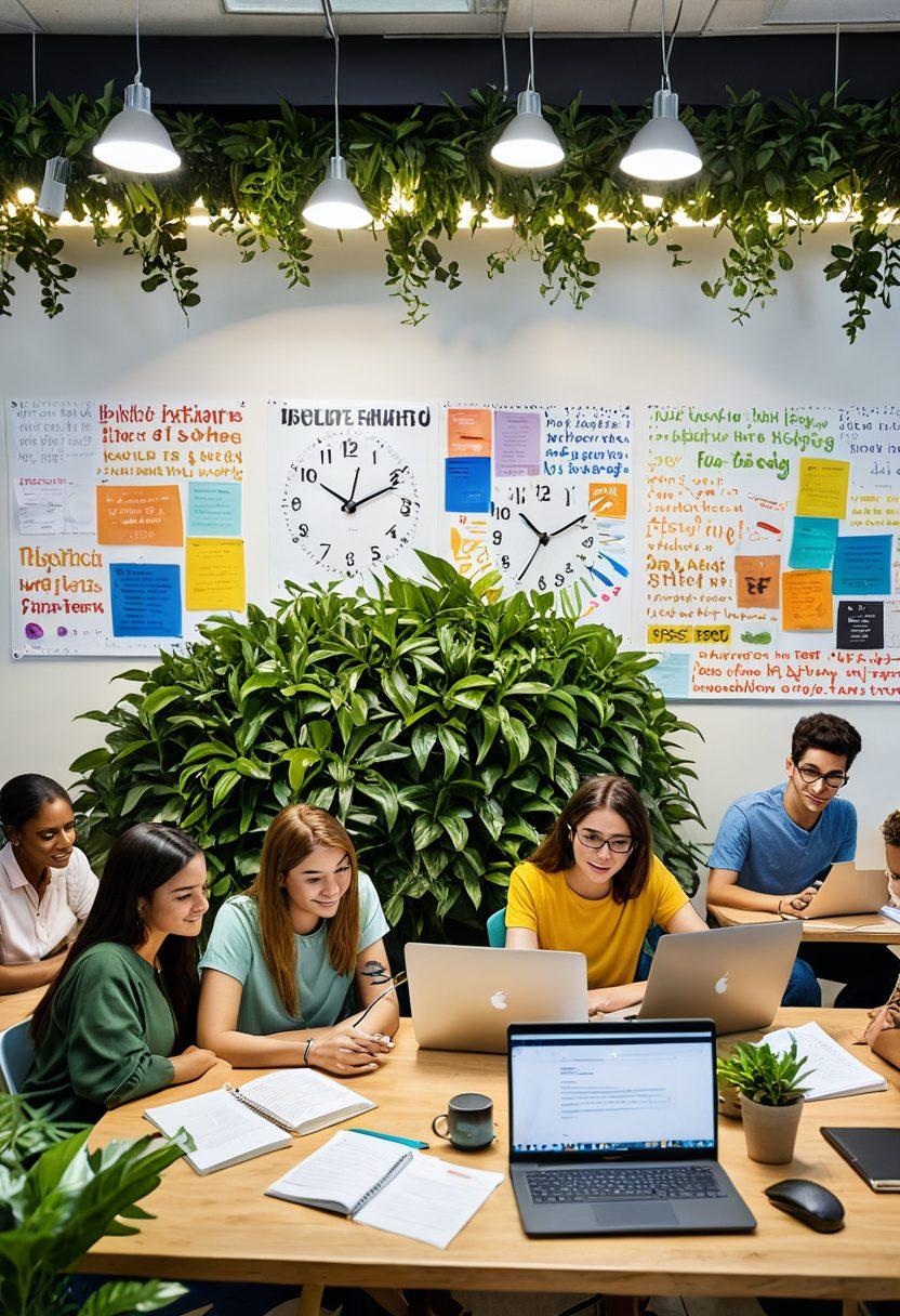 A dynamic workspace scene featuring a diverse group of people engaged in online learning, with laptops, books, and notes scattered around. Include motivational quotes on the walls and a large digital clock showing time management. The background should be an inviting, modern study environment with plants and bright lighting. Emphasize collaboration and engagement among individuals of different ages and backgrounds. vibrant colors. super-realistic.